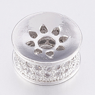 Brass Cubic Zirconia Beads, Flat Round, Clear, Platinum, 9x4.5mm, Hole: 1.8mm(ZIRC-K075-13P)