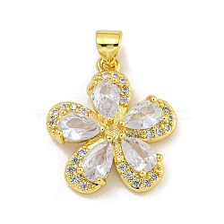 Rack Plating Brass Micro Pave Cubic Zirconia Pendants, Cadmium Free & Lead Free, Long-Lasting Plated, Real 18K Gold Plated, Flower, Clear, 20x18x4mm, Hole: 3.5x5mm(KK-G513-93G-02)