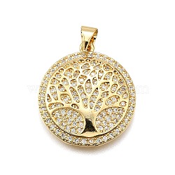 Rack Plating Brass Micro Pave Cubic Zirconia Pendants, Flat Round with Tree of Life, Cadmium Free & Lead Free, Long-Lasting Plated, Real 18K Gold Plated, 23x20.5x3.5mm, Hole: 5.5x4mm(KK-K401-93G)