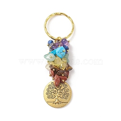 Chakra Natural Gemstone Chip Pendant Keychain, with Iron Findings and Alloy Pendants, Flat Round, Tree of Life Pattern, 8.45cm, Pendant: 27x23.5x2mm(KEYC-JKC00414-02)