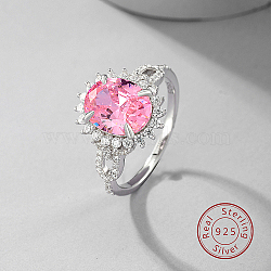 Rhodium Plated Sterling Silver Oval Adjustable Ring, with Pink Cubic Zirconia, with 925 Stamp, Platinum, US Size 7(17.3mm)(JA2661-2)