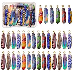 30Pcs 10 Style Rack Plating Alloy Pendants, Printed, Lead Free & Cadmium Free & Nickel Free, Feather Charm, Light Gold, Mixed Color, 36.5x8x1.5mm, Hole: 1.8mm, 3pcs/style(FIND-SZ0003-44)