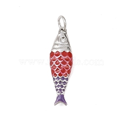 Brass Enamel Pendants, Fish, Cadmium Free & Lead Free, Rack Plating, Long-Lasting Plated, with Jump Ring, Platinum, Red, 25x7x4mm, Hole: 3mm(KK-P339-08P-01)