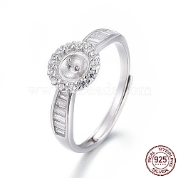 Adjustable Rhodium Plated 925 Sterling Silver Finger Ring Components, For Half Drilled Beads, with Cubic Zirconia, Flat Round, Platinum, Size 7, 17mm, Tray: 4mm, Pin: 0.8mm(STER-F048-07P)