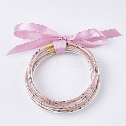 PVC Plastic Buddhist Bangle Sets, Jelly Bangles, with PU Leather Cords Inside and Polyester Ribbon, Pink, 2-1/2 inch(6.3cm), 5pcs/set(BJEW-Q698-06)