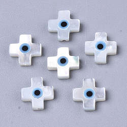 Natural White Shell Mother of Pearl Shell Beads, with Synthetic Turquoise, Cross with Evil Eye, Deep Sky Blue, 8x8x2mm, Hole: 0.7mm(SSHEL-N034-55)