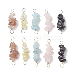 10Pcs 5 Styles Constellation Natural Citrine & Black Tourmaline & Aquamarine & Strawberry Quartz & Rose Quartz Copper Wire Wrapped Chip Beaded Connector Charms, Platinum & Golden, Aquarius, 29~33x7.5~11x7.5~11mm, Hole: 2.5~3mm, 2pcs/style(PALLOY-JF02905-01)