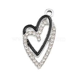 Alloy Rhinestone Pendants, with Enamel, Double Heart Charms, Platinum, 27x14.5x2.5mm, Hole: 2mm(RB-CBA332B-07A-P)