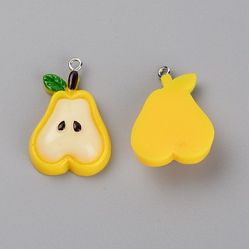 Resin Pendants, with Platinum Iron Loop, Pear, Yellow, 32x22x9.5mm, Hole: 1.8mm