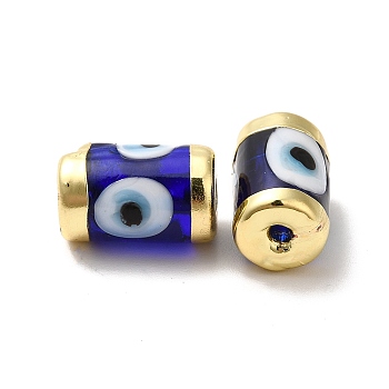 Handmade Evil Eye Lampwork Beads, with Light Gold Tone Brass Findings, Long-Lasting Plated, Lead Free and Cadimum Free, Column, Medium Blue, 14.5~15x9~9.5mm, Hole: 1.8mm