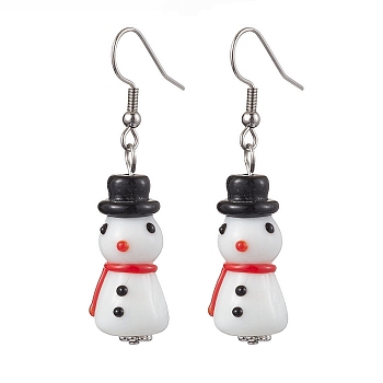 Christmas Theme Glass Dangle Earrings, with Brass Findings, Snowman, 49~51x12~12.5mm