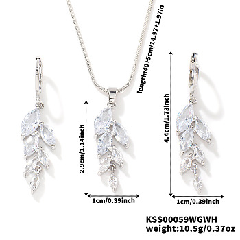 Fashionable European and American Style Brass Rhinestones Earrings & Necklaces for Women, Leaf, Platinum, 