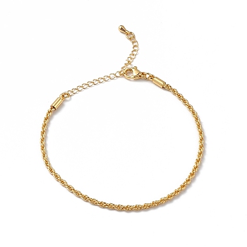 Rack Plating Brass Rope Chain Bracelet for Women, Golden, 7-3/8 inch(18.6cm)