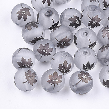Autumn Theme Electroplate Transparent Glass Beads, Frosted, Round with Maple Leaf Pattern, Coconut Brown, 10mm, Hole: 1.5mm