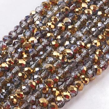 Electroplate Glass Faceted Rondelle Beads Strands, Half Plated, Gold, 3x2mm, Hole: 1mm, about 165~169pcs/strand, 15~16 inch(38~40cm)