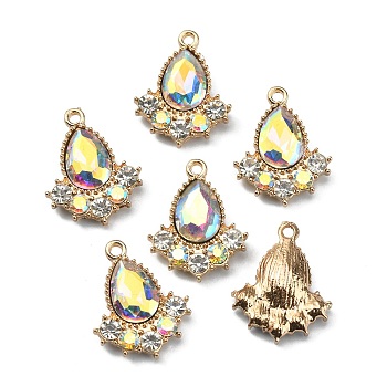 Glass Rhinestone Pendants, with Light Gold Plated Zinc Alloy Findings, Teardrop Charms, Crystal AB, 20x16x5mm, Hole: 1.5mm