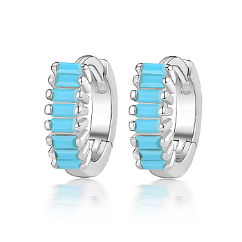 Cubic Zirconia Hoop Earrings, Rhodium Plated 925 Sterling Silver Earrings for Women, with S925 Stamp, Platinum, Deep Sky Blue, 10x3mm