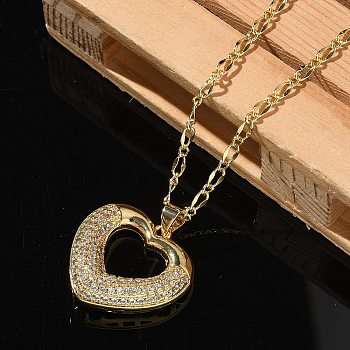 Brass Micro Pave Cubic Zirconia Pendant Necklaces for Women, Real 18K Gold Plated, Heart, 17.40 inch(44.2cm), Pendant: 22x22.5mm