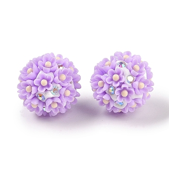 Handmade Polymer Clay Rhinestone Beads, with Acrylic, Round with Flower, Lilac, 20~21mm, Hole: 2mm
