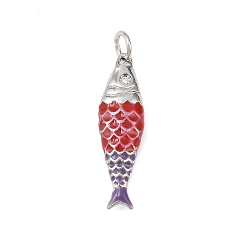 Brass Enamel Pendants, Fish, Cadmium Free & Lead Free, Rack Plating, Long-Lasting Plated, with Jump Ring, Platinum, Red, 25x7x4mm, Hole: 3mm