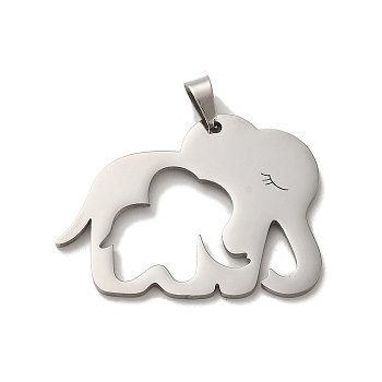 304 Stainless Steel Pendants, Laser Cut, Elephant Charm, Stainless Steel Color, 24.5x32.5x1.5mm, Hole: 6x3.2mm