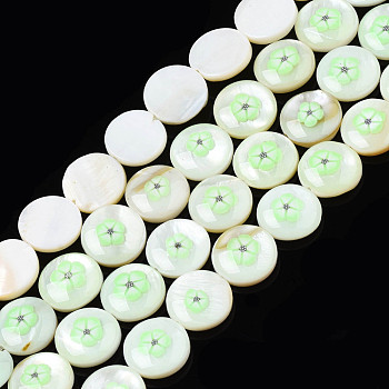 Natural Freshwater Shell Enamel Beads, Flat Round with Flower, Light Green, 11x3mm, Hole: 0.8mm, about 32pcs/strand, 14.37 inch(36.5cm)