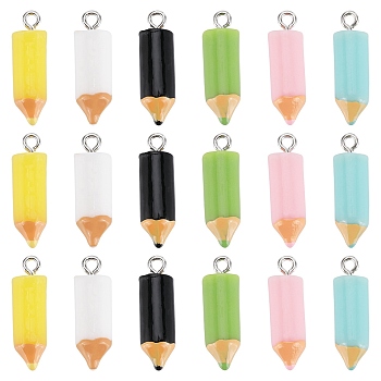 36Pcs 6 Colors Opaque Resin Pendants, Pencil Charms with Platinum Tone Iron Loops, Mixed Color, 23x7.5mm, Hole: 2mm, 6pcs/color