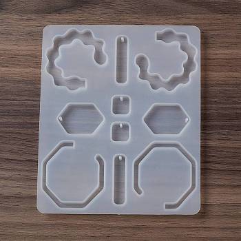 DIY Pendant Food Grade Silicone Molds, Resin Casting Molds, for UV Resin, Epoxy Resin Jewelry Makings, Hexagon/Rectangle/C-shape, White, 147x122x7mm, Hole: 2mm, Inner Diameter: 15~52x8~48x6mm