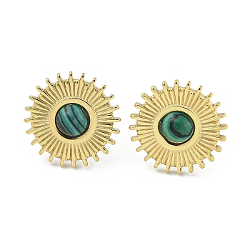Real 18K Gold Plated 304 Stainless Steel Flat Round Stud Earrings, with Synthetic Malachite, 15mm