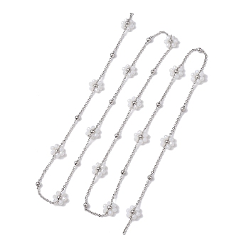 Flower Glass Beaded Link Chain, with 304 Stainless Steel Satellite Chain, Soldered, Stainless Steel Color, 11mm, about 3.18~3.20 Feet(0.97~0.975m)/pc