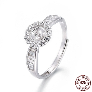 Adjustable Rhodium Plated 925 Sterling Silver Finger Ring Components, For Half Drilled Beads, with Cubic Zirconia, Flat Round, Platinum, Size 7, 17mm, Tray: 4mm, Pin: 0.8mm