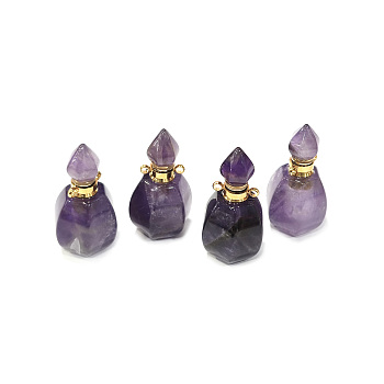 Faceted Natural Amethyst Pendants, Openable Perfume Bottle, with Golden Tone Brass Findings, 32~33x17~18x16mm, Hole: 2mm, capacity: 1ml(0.03 fl. oz)