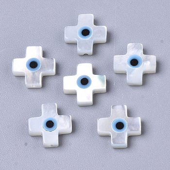 Natural White Shell Mother of Pearl Shell Beads, with Synthetic Turquoise, Cross with Evil Eye, Deep Sky Blue, 8x8x2mm, Hole: 0.7mm