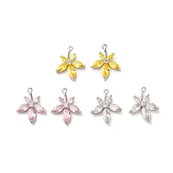 Glass Pendants, with Brass Findings, Flower Charm, Real Platinum Plated, 16x13.5x3mm, Hole: 1mm