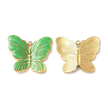 304 Stainless Steel Enamel Pendants, Real 18K Gold Plated, Butterfly Charm, Lime Green, 20x24x3mm, Hole: 1.4mm