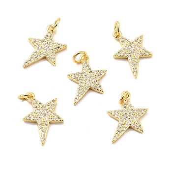 Brass Micro Pave Cubic Zirconia Pendants, with Jump Ring, Real 18K Gold Plated, Long-Lasting Plated, Lead Free & Cadmium Free & Nickel Free, Star, Clear, 18x13x2mm, Jump Ring: 5x1mm, 3mm Inner Diameter