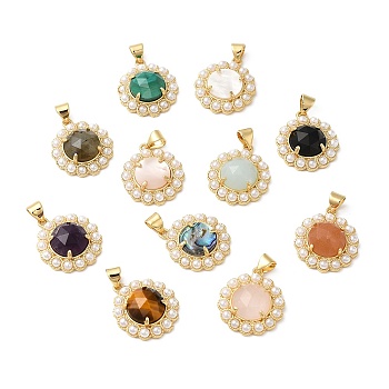 Natural Mixed Gemstone Pendant, with Real 14K Gold Plated Brass Finding and Plastic Pearl Beaded, Flat Round Charms, 20x18x6mm, Hole: 4x3mm