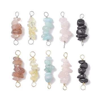 10Pcs 5 Styles Constellation Natural Citrine & Black Tourmaline & Aquamarine & Strawberry Quartz & Rose Quartz Copper Wire Wrapped Chip Beaded Connector Charms, Platinum & Golden, Aquarius, 29~33x7.5~11x7.5~11mm, Hole: 2.5~3mm, 2pcs/style