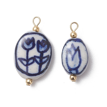 Hand Painted Tulip Flower Blue & White Porcelain Pendants,  with Golden Tone Loops, Oval, Dark Blue, 24~27.5x11~15.5x5.5~7mm, Hole: 2x3mm