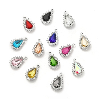 Alloy Glass Pendants, Crystal Rhinestone Teardrop Charm, Platinum, Mixed Color, 22x14x5mm, Hole: 2mm