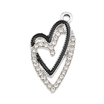 Alloy Rhinestone Pendants, with Enamel, Double Heart Charms, Platinum, 27x14.5x2.5mm, Hole: 2mm