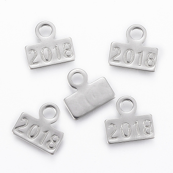 304 Stainless Steel Charms, Sign 2018, Stainless Steel Color, 10x10x0.3mm, Hole: 2mm