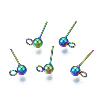 Rack Plating Rainbow Color 304 Stainless Steel Stud Earring Findings, Ball Stud Earring Post, Cadmium Free & Nickel Free & Lead Free, 7x4mm, Hole: 1.8mm, Pin: 0.6mm