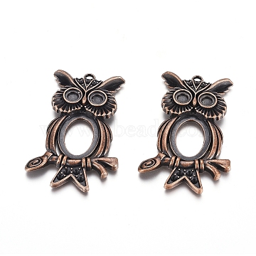 Tibetan Style Big Owl Open Back Pendant Cabochons Settings for Halloween, Lead Free & Cadmium Free & Nickel Free, Red Copper, 67x42x6mm, Hole: 2mm, Oval Tray: 18x25mm, Fit 3~5mm Rhinestone(TIBEP-768-R-NR)