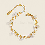 304 Stainless Steel Paperclip Chain & Natural Freshwater Pearl Potato Beads Link Bracelets, Double Layers Bracelets for Women, Real 18K Gold Plated, 5.91 inch(15cm)(HP1168)