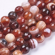 Natural Striped Agate/Banded Agate Beads Strands, Round, Faceted, Dyed, Brown, 6mm, Hole: 1mm, about 62pcs/strand, 14.5 inch(37cm)(G-P364-24-6mm)