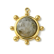 Ion Plating(IP) 304 Stainless Steel Pave Faceted Natural Labradorite Pendants, Granulated Flat Round Charms, Real 14K Gold Plated, 19.5x17x4.5~6mm, Hole: 1.5mm(FIND-Z028-39E)