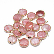 Cherry Quartz Glass Pendants, with Golden Tone Brass Findings, Faceted, Flat Round, 21x18x6mm, Hole: 2mm(G-T073-01L)