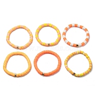 Handmade Polymer Clay Heishi Beads Stretch Bracelets Sets, with Golden Plated Stainless Steel Spacer Beads, Dark Orange, Inner Diameter: 2 inch(5.2cm), 6pcs/set(BJEW-JB05902-01)