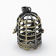 Brass Rack Plating Cage Pendants, For Chime Ball Pendant Necklaces Making, Lead Free & Cadmium Free, Birdcage, Brushed Antique Bronze, 35x25x20.5mm, Hole: 4x7mm, Inner: 17.5x20.5mm(KK-F722-41AB-RS)